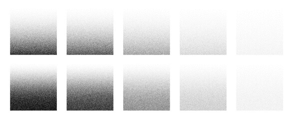 Grainy noise square vector set. Dot grain texture squares. Abstract black square with gradient stipple pattern. Spray texture sand and dissolving squares. Vector illustration
