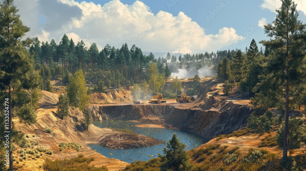 Aufkleber excavators work at a gemstone mining location with a tranquil lake in the foreground, framed by gree