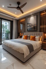 Fototapeta premium Modern bedroom with king-size bed, balcony view, and warm lighting.