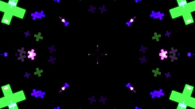 Kaleidoscopic pattern of neon green, purple, and pink plus signs on a black background.