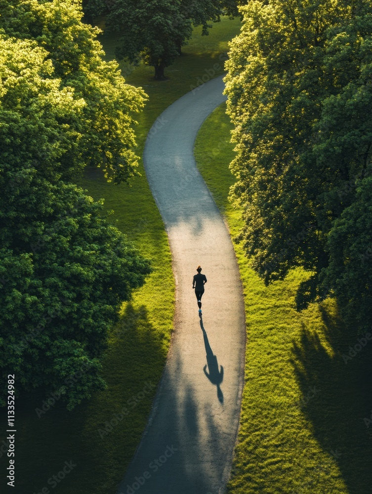 Poster a solitary runner strides along a curved path, surrounded by vibrant trees in a serene park during g