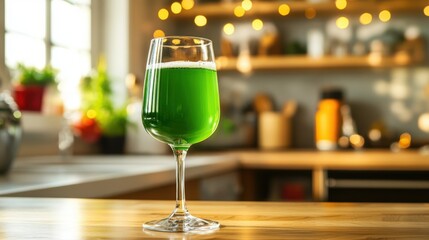 Wine Glass with Green Drink in Kitchen Background. Non-alcoholic month. Dry January is public health campaign