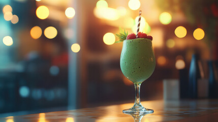 Green Healthy Smoothie Beverage in Wine Glass. Non-alcoholic month. Dry January is public health campaign