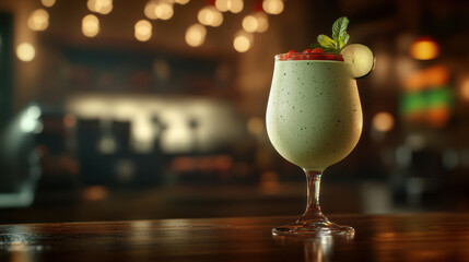 Green Smoothie Beverage in Glass. Non-alcoholic month. Dry January is public health campaign
