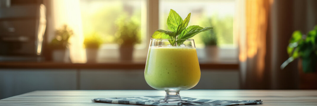 Green Smoothie Beverage in Glass. Non-alcoholic month. Dry January is public health campaign