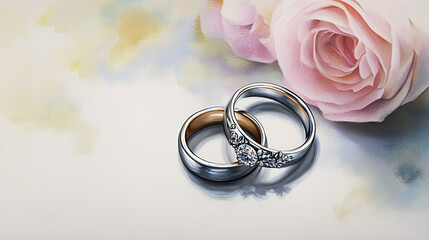 Elegant silver wedding rings with intricate designs placed next to a soft pink rose