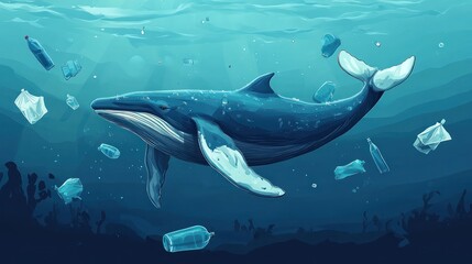 Fototapeta premium A cartoon whale swimming in a polluted ocean with plastic bags and bottles floating around it