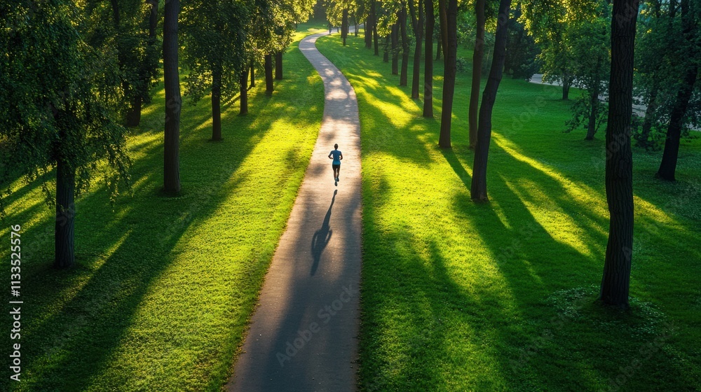 Aufkleber a runner moves along a serene path surrounded by tall trees and lush grass, capturing the tranquilit