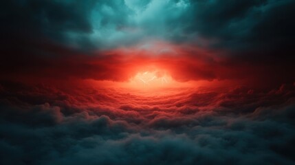 Thunderous lightning bolts illuminate ominous red clouds, creating a dramatic and powerful atmosphere filled with energy and intensity across the sky.