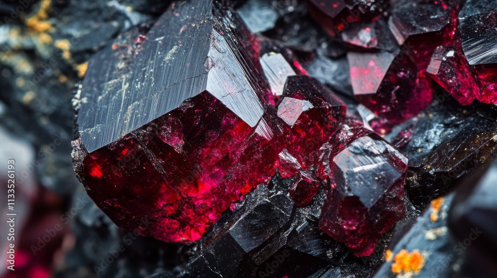 Aufkleber close-up view of stunning ruby gemstones displaying unique crystal shapes and vivid red hues nestled