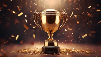Golden trophy and streamers, business and competition concept, dark background