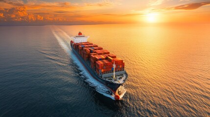 A large cargo ship sails through the calm waters under a vibrant sunset sky. The bright colors of the shipping containers stand out against the tranquil sea, symbolizing global commerce and maritime