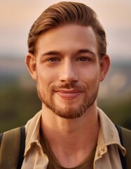 Fototapeta premium Cheerful young man with backpack smiling while hiking in nature, enjoying the beautiful sunset view in a close up portrait