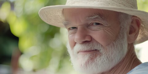 Close up of a smiling senior farmer with a white beard and straw hat, savoring the peace of a serene rural backdrop