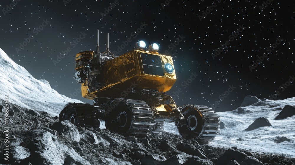 Poster A robotic exploration vehicle maneuvers across the moon's rugged terrain at night. Equipped with advanced technology, it searches for precious gemstones while illuminated by its powerful lights.