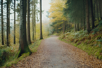 Obraz premium Scenic forest path covered with autumn leaves and bordered by tall trees in a tranquil environment