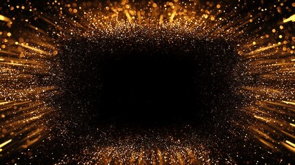 Frame made of shiny golden glitter and bokeh lights, gold dust particles with copy space, black background