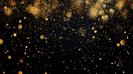 Golden dust and glitter bokeh particles effects against black background. Shimmering gold lights abstract overlay