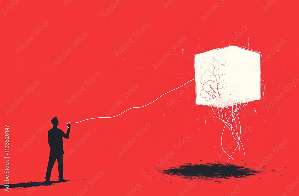 Poster Creative concept of a person connecting thoughts to a cube in a red environment