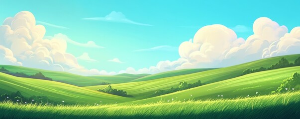 Fototapeta premium Beautiful Panorama of Rolling Green Fields. Spring or Summertime Background with White Fluffy Clouds and Natural Landscape.