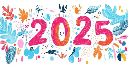 A cheerful hand-drawn "2025" illustration with quirky fonts and colorful decorative accents