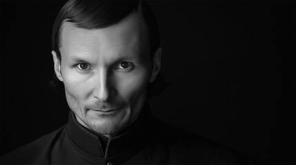Niccolò Machiavelli black-and-white portrait, historical reconstitution of the Renaissance philosopher.
