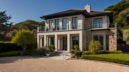 Obraz premium A two-story house with light beige stucco and stone accents. It features a large front porch with columns, multiple windows, a balcony, and landscaping. The house is situated on a manicured lawn.