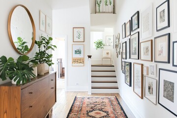 modern corridor with image frames and table