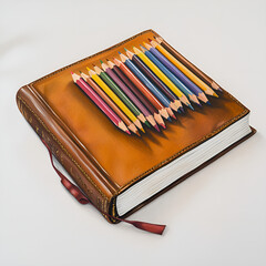 Creative journal with colored pencils, artistic mood, displayed on a light background
