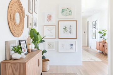 modern corridor with image frames and table