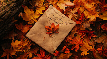Obraz premium love letter surrounded by vibrant autumn leaves creates warm atmosphere