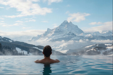 Man in outdoor infinity pool with snowy mountain