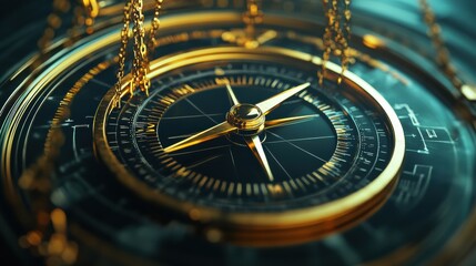 A golden compass rests atop a detailed, illuminated background, symbolizing ethical guidance in AI innovation for justice and transparency. Generative AI