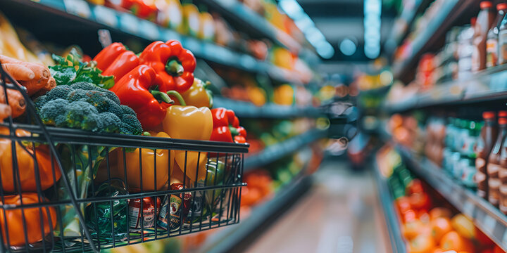 A shopping cart filled with fresh, colorful produce moves through a grocery store aisle, emphasizing healthy food choices and the abundance of options available to consumers.