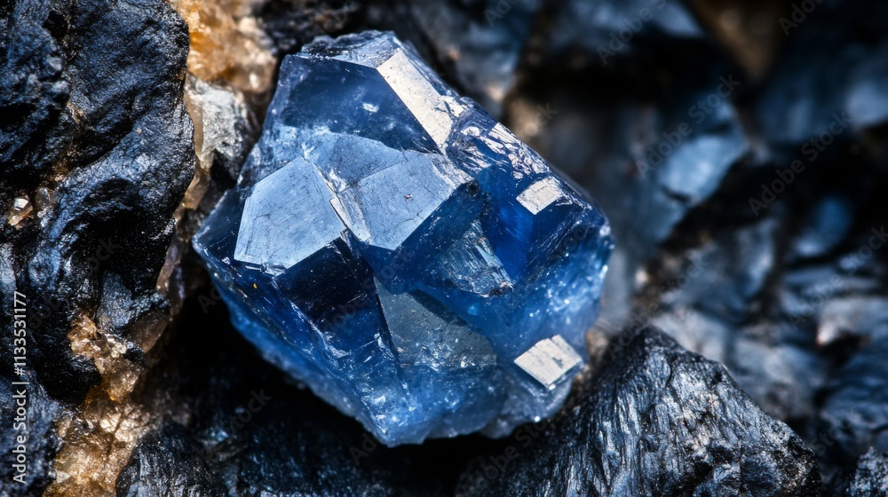 Poster a captivating blue gemstone glimmers with metallic highlights, embedded within a rugged, dark minera