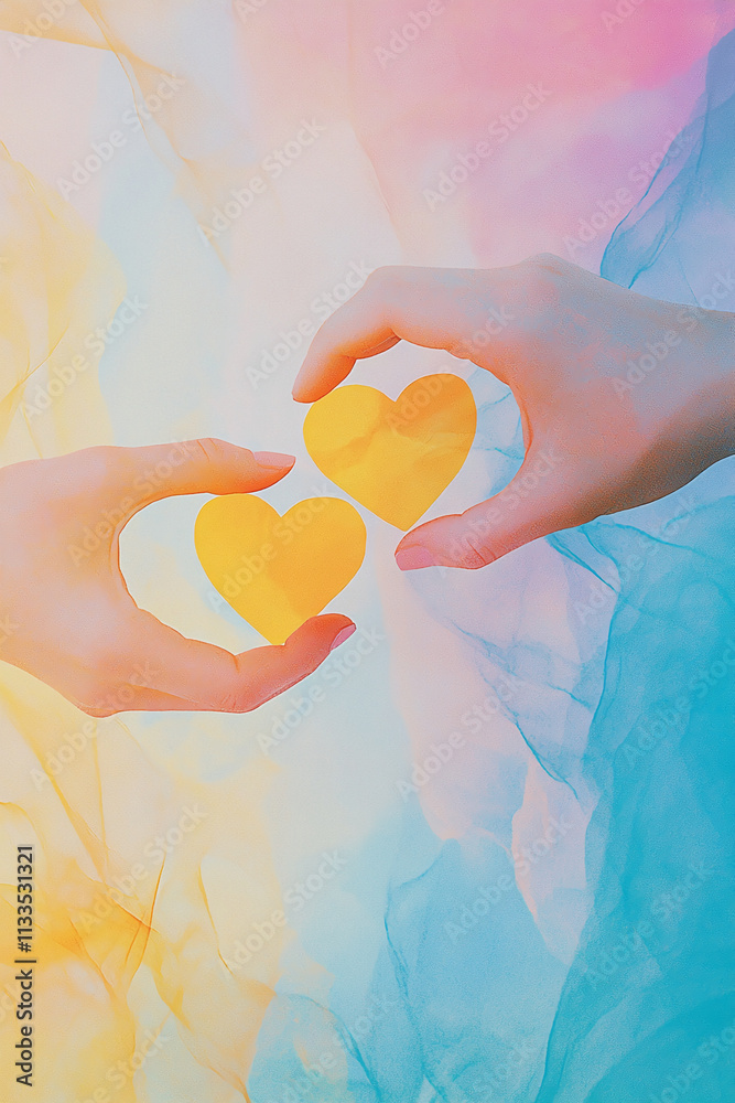 Aufkleber two hands form heart shapes with yellow cutouts against a soft pastel background