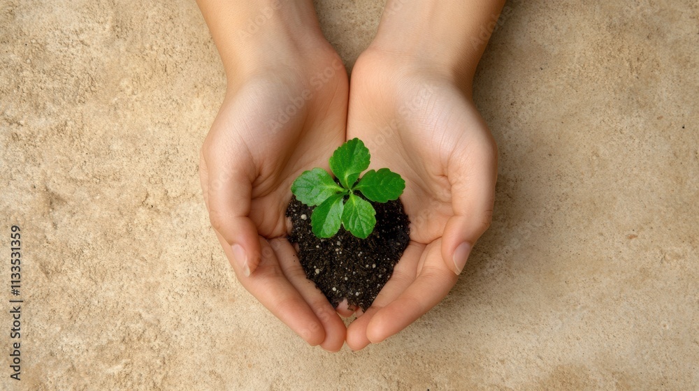 Poster twin hands carefully cradle a small green seedling with rich soil, showcasing a nurturing connection
