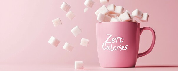 Sucralose health concept. pink coffee mug labeled "Zero Calories" with sugar cubes floating around it