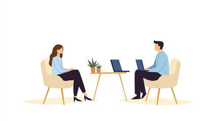 Fototapeta premium Business people negotiate salary in private office. Manager, employee sit opposite. Laptops on table. Office setting calm. Business discussion ongoing. Workplace environment.