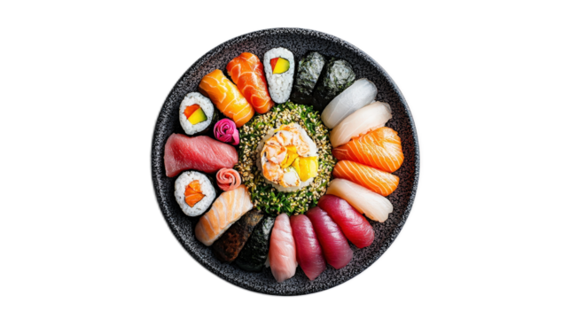 Assorted Sushi Platter with Fresh Fish and Colorful Ingredients