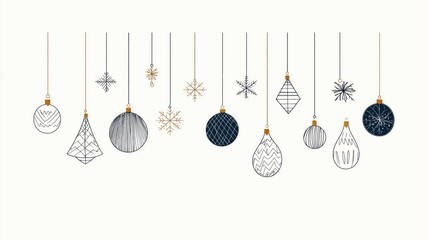 Festive Christmas tree decorations hang in minimalist line art design. Various shapes include balls, Christmas trees, snowflakes. Stylish, modern holiday decorations. Great for holiday cards,