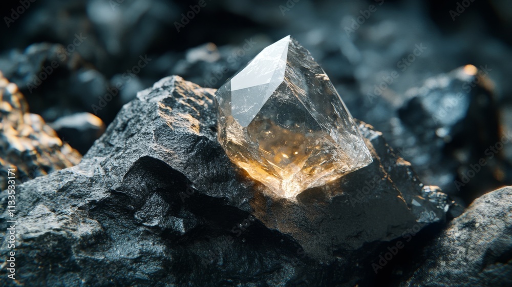 Poster a clear ai gemstone glimmers atop rough, dark rocks, showcasing its sharp edges and captivating clar
