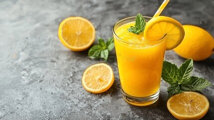 Fototapeta premium Refreshing lemon smoothie in glass with lemon slices and mint.