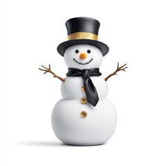 Snowman with black hat and tie, smiling cheerfully in winter