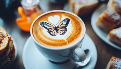 Butterfly Latte Art in White Mug, Cozy Coffee Shop Setting with Pastries and Warm Lighting