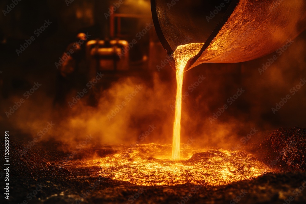 Poster hot metal flows into casting molds as flames and sparks erupt in an industrial hall during a captiva