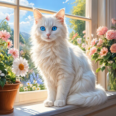 A white cat with blue eyes sitting on a windowsill, looking out of the window at a beautiful garden filled with flowers and plants.