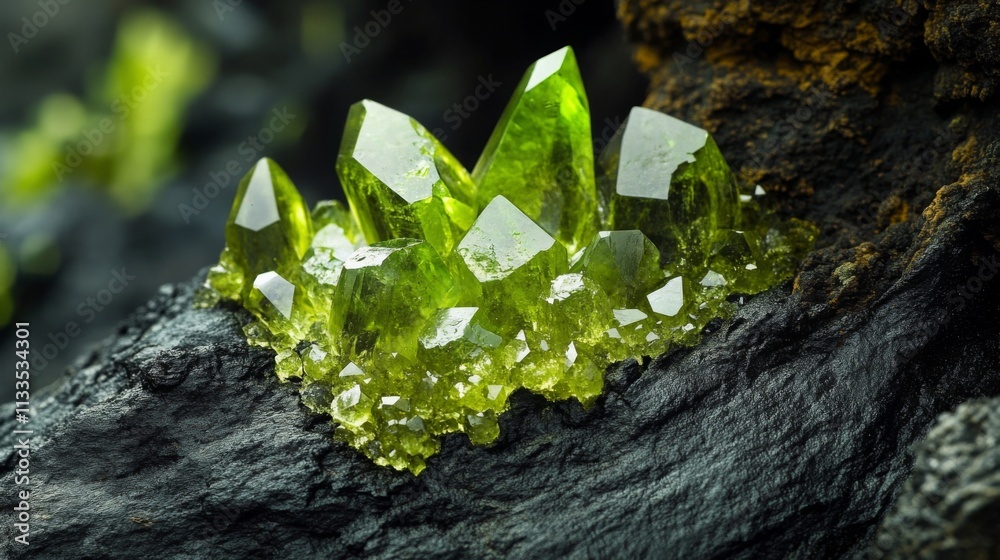 Poster bright green crystals burst from a dark rock base, displaying sharp, angular shapes. the striking co