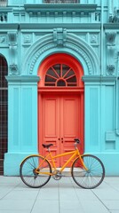Fototapeta premium A vibrant yellow bicycle parked in front of a turquoise building with a coral door.