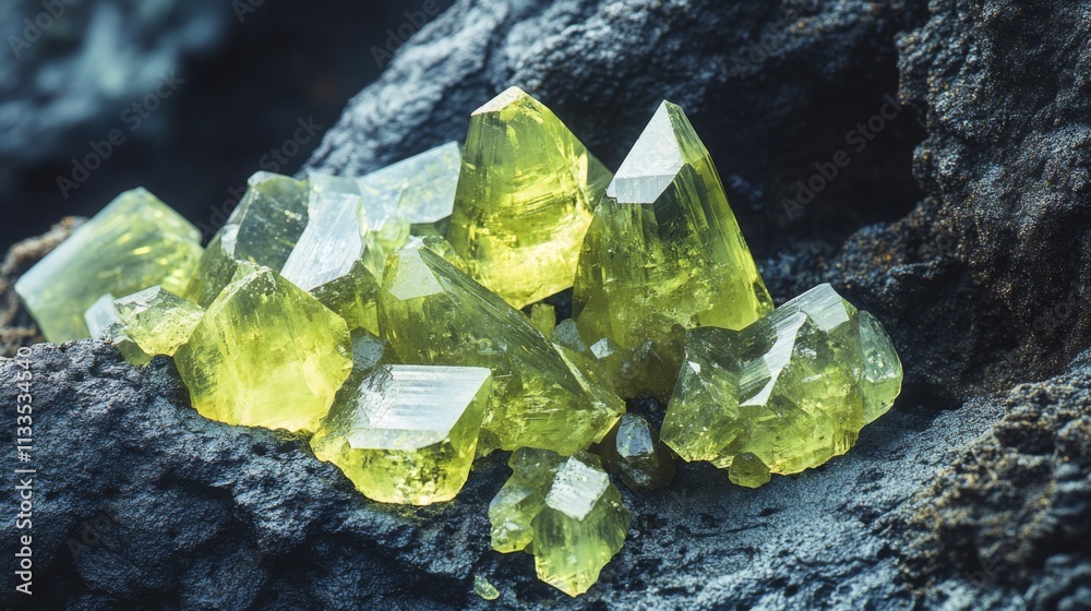 Poster bright yellow gemstones are clustered together on a rugged, dark rock surface. the sharp shapes and 